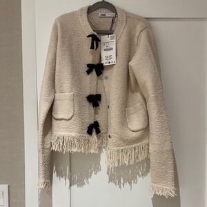 Zara Beige Textured Cardigan with Black Accents